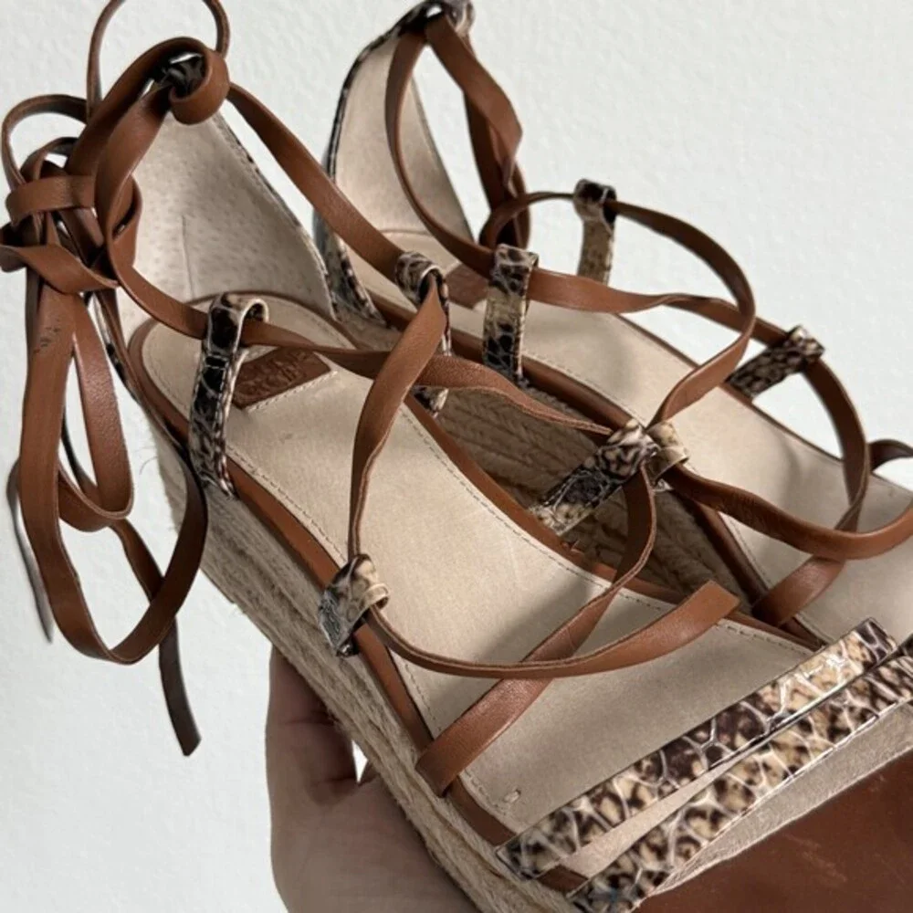 Louise et Cie Espadrille Wedge Sandals Brown Snake Print Lace Up Boho Strappy